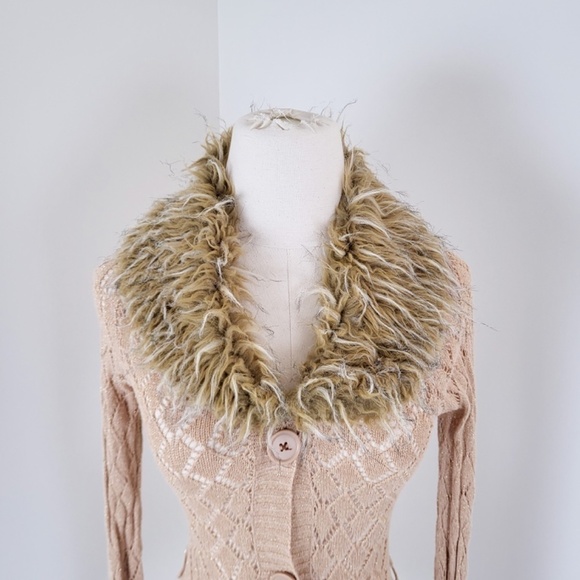 *Free With Purchase* Y2K knit long sleeve cardigan fur-trim collar ramie - Picture 8 of 11